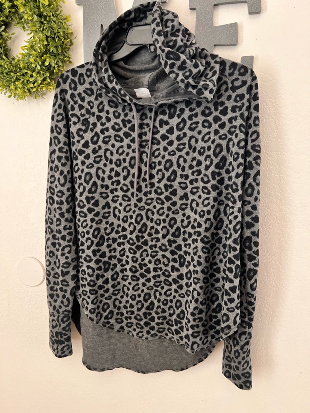 Athletic Works Grey and Black Leopard-Print Cowl Pullover